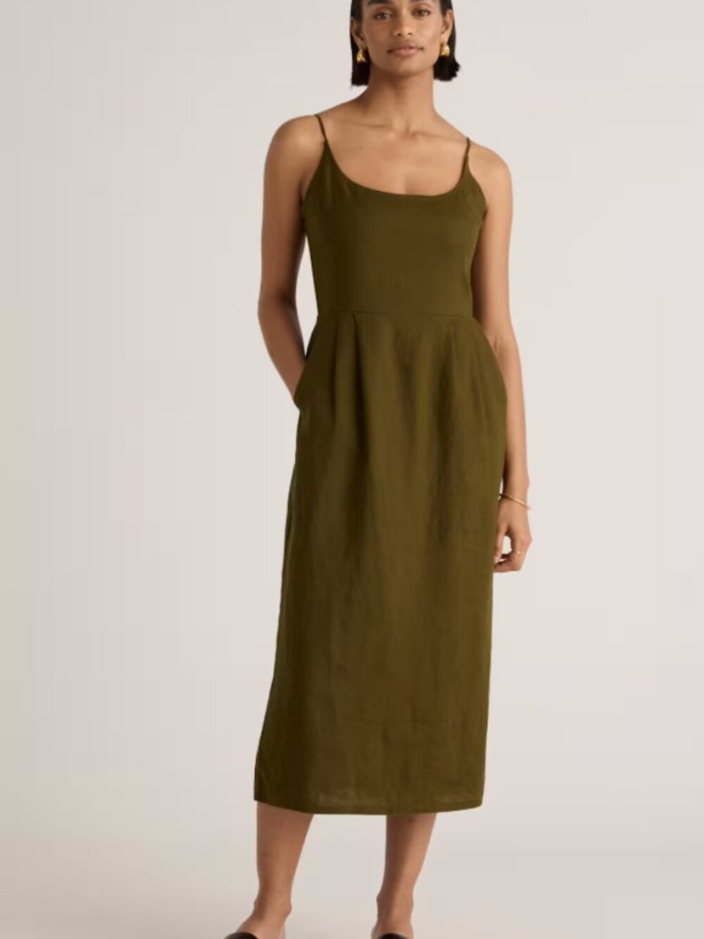 Quince 100% European Linen Scoop Neck Midi Dress in Green